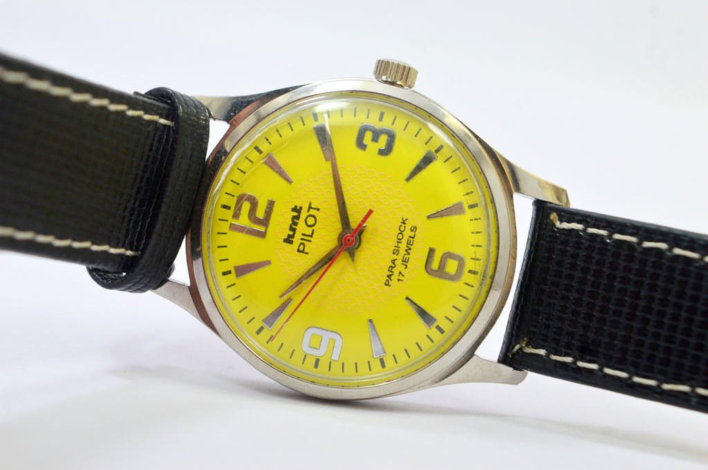 Hmt Pilot Yellow Dial 17 Jewels Analog Wrist Watch For Men